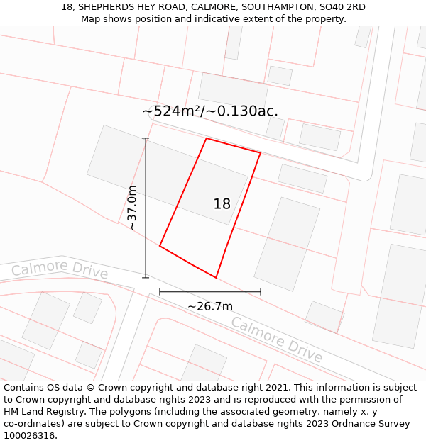 18, SHEPHERDS HEY ROAD, CALMORE, SOUTHAMPTON, SO40 2RD: Plot and title map