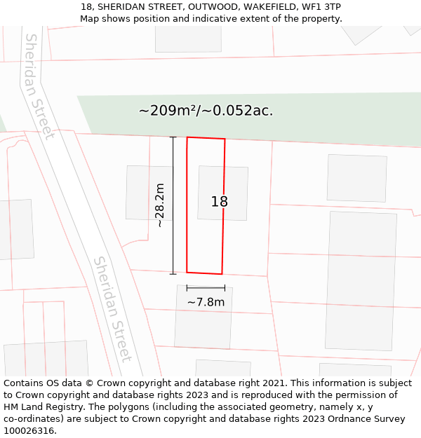 18, SHERIDAN STREET, OUTWOOD, WAKEFIELD, WF1 3TP: Plot and title map