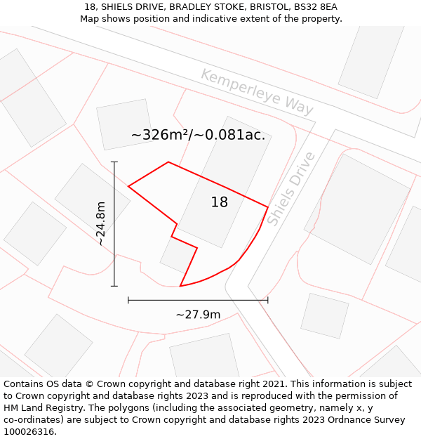 18, SHIELS DRIVE, BRADLEY STOKE, BRISTOL, BS32 8EA: Plot and title map