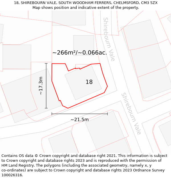 18, SHIREBOURN VALE, SOUTH WOODHAM FERRERS, CHELMSFORD, CM3 5ZX: Plot and title map