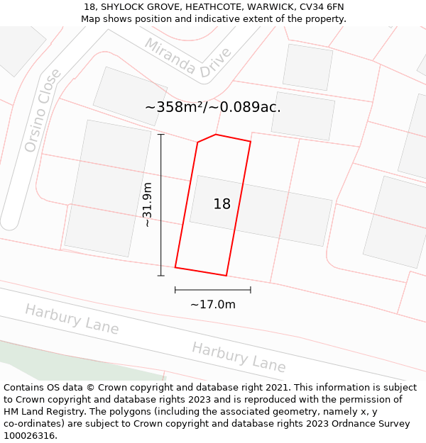 18, SHYLOCK GROVE, HEATHCOTE, WARWICK, CV34 6FN: Plot and title map