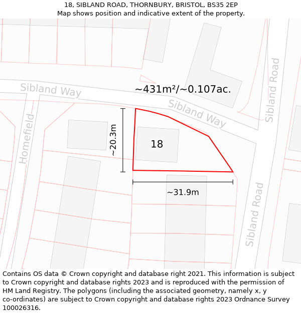 18, SIBLAND ROAD, THORNBURY, BRISTOL, BS35 2EP: Plot and title map