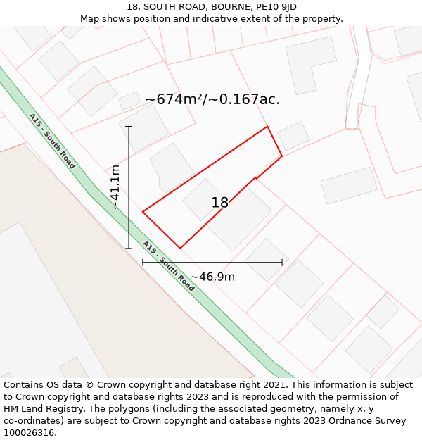 18, SOUTH ROAD, BOURNE, PE10 9JD: Plot and title map