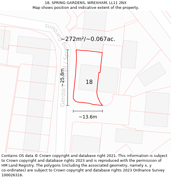 18, SPRING GARDENS, WREXHAM, LL11 2NX: Plot and title map