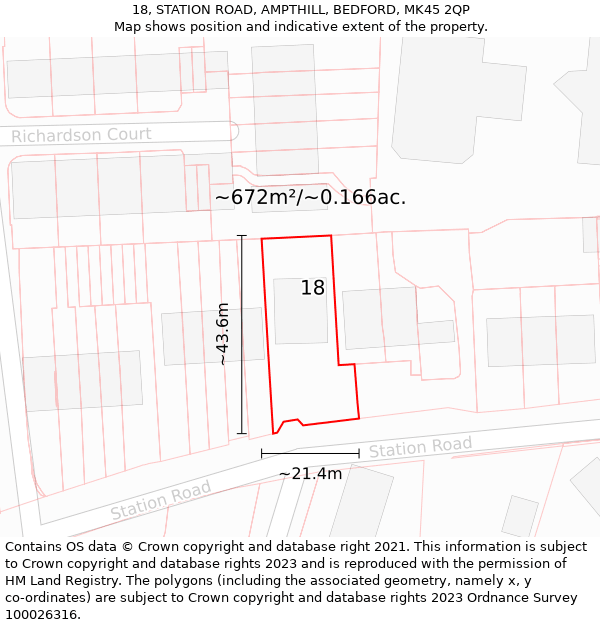 18, STATION ROAD, AMPTHILL, BEDFORD, MK45 2QP: Plot and title map