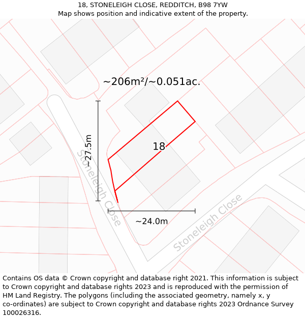 18, STONELEIGH CLOSE, REDDITCH, B98 7YW: Plot and title map