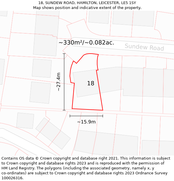 18, SUNDEW ROAD, HAMILTON, LEICESTER, LE5 1SY: Plot and title map