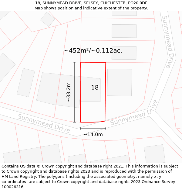 18, SUNNYMEAD DRIVE, SELSEY, CHICHESTER, PO20 0DF: Plot and title map