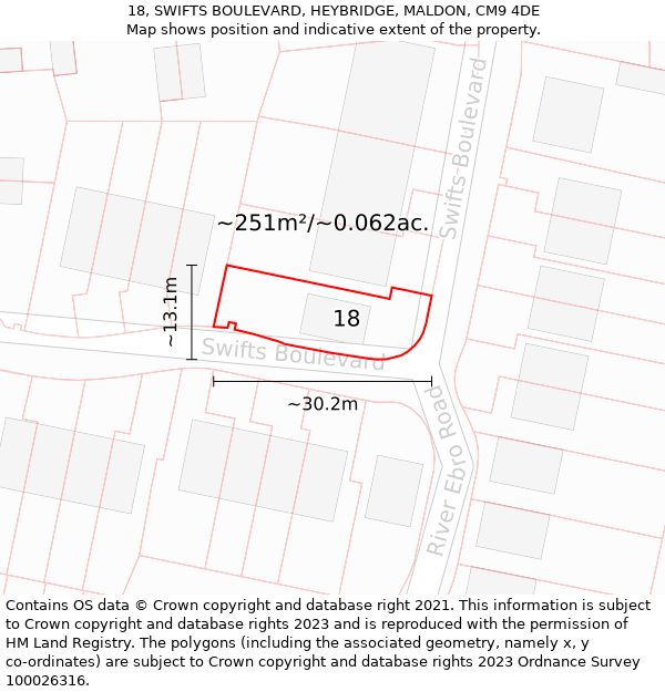 18, SWIFTS BOULEVARD, HEYBRIDGE, MALDON, CM9 4DE: Plot and title map