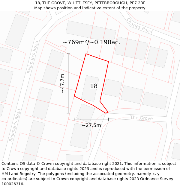 18, THE GROVE, WHITTLESEY, PETERBOROUGH, PE7 2RF: Plot and title map