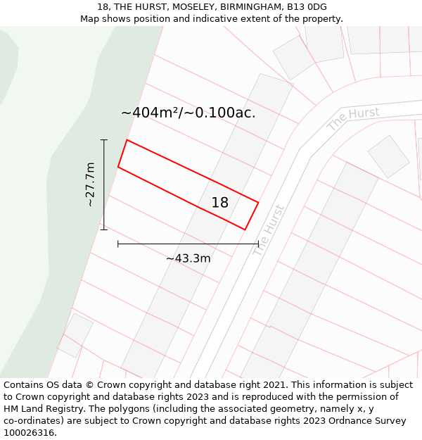 18, THE HURST, MOSELEY, BIRMINGHAM, B13 0DG: Plot and title map