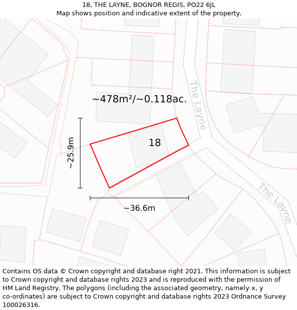 18, THE LAYNE, BOGNOR REGIS, PO22 6JL: Plot and title map