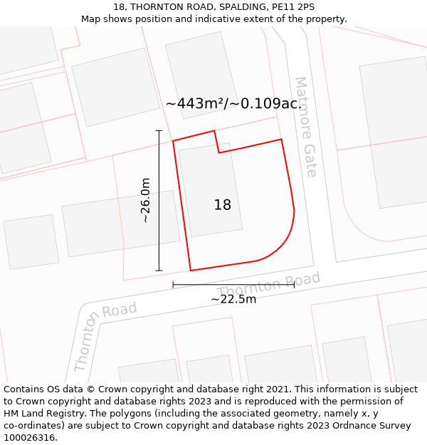 18, THORNTON ROAD, SPALDING, PE11 2PS: Plot and title map