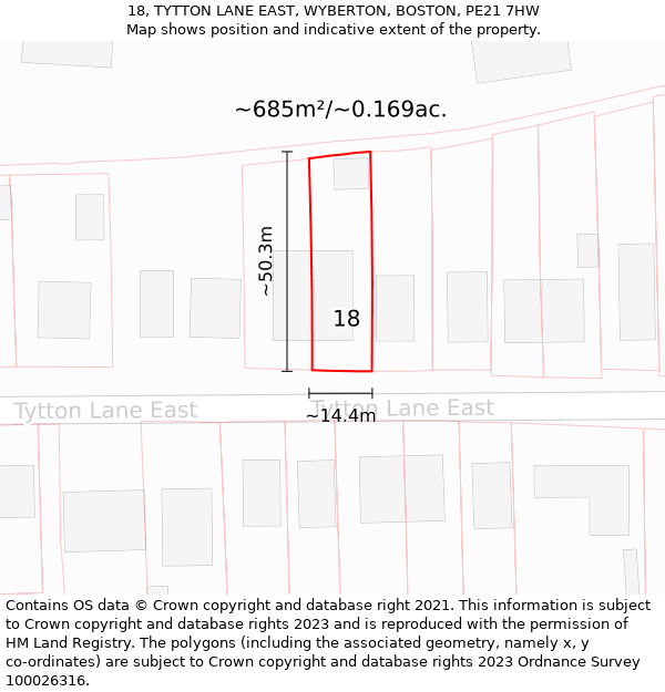 18, TYTTON LANE EAST, WYBERTON, BOSTON, PE21 7HW: Plot and title map