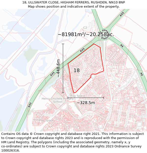 18, ULLSWATER CLOSE, HIGHAM FERRERS, RUSHDEN, NN10 8NP: Plot and title map
