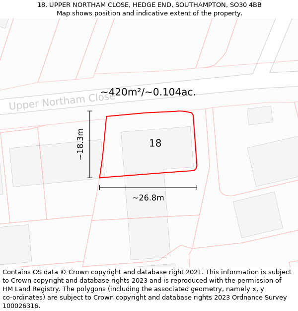 18, UPPER NORTHAM CLOSE, HEDGE END, SOUTHAMPTON, SO30 4BB: Plot and title map