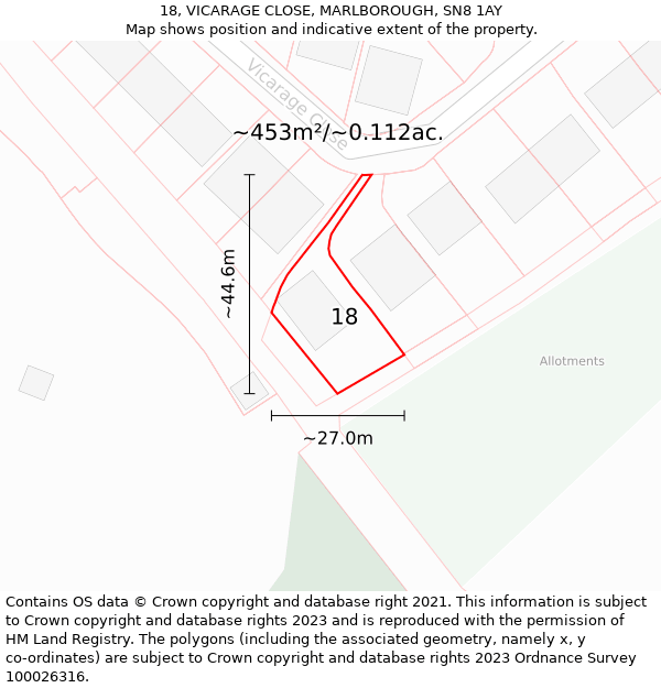 18, VICARAGE CLOSE, MARLBOROUGH, SN8 1AY: Plot and title map