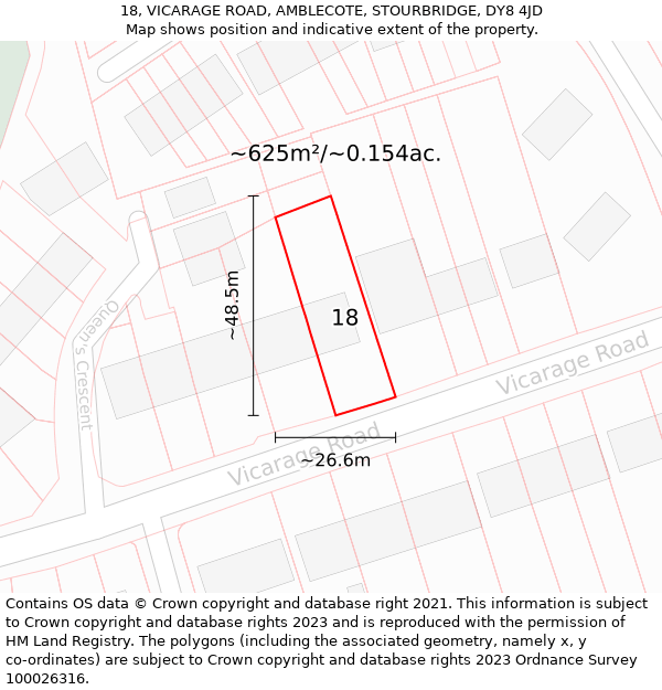18, VICARAGE ROAD, AMBLECOTE, STOURBRIDGE, DY8 4JD: Plot and title map