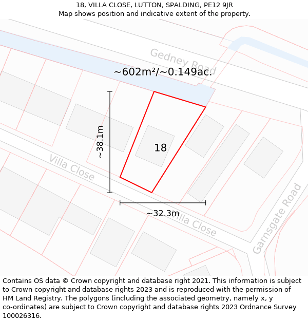 18, VILLA CLOSE, LUTTON, SPALDING, PE12 9JR: Plot and title map