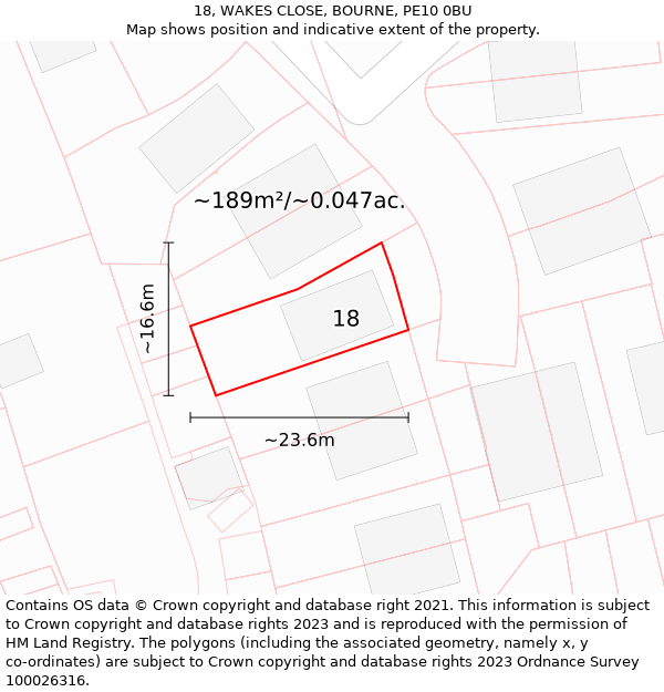 18, WAKES CLOSE, BOURNE, PE10 0BU: Plot and title map