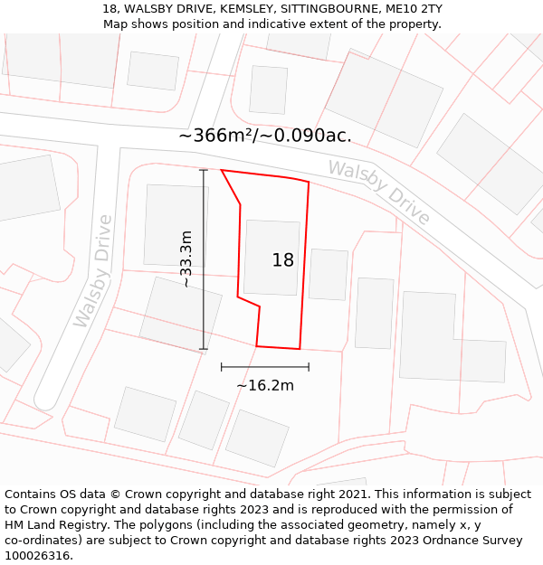 18, WALSBY DRIVE, KEMSLEY, SITTINGBOURNE, ME10 2TY: Plot and title map