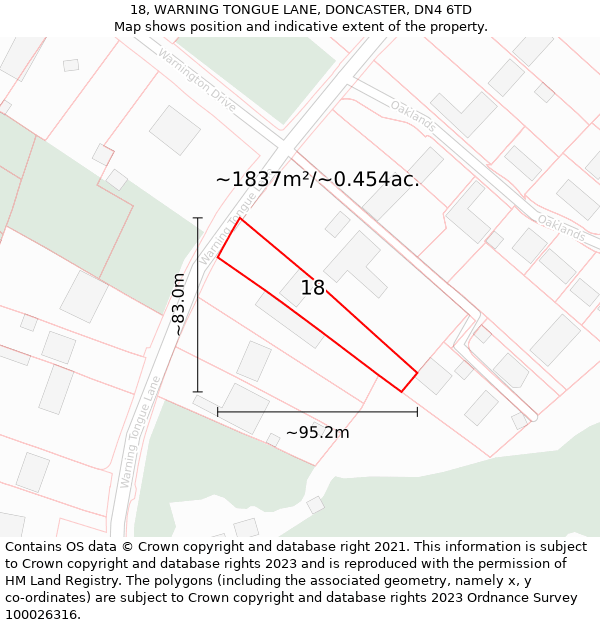 18, WARNING TONGUE LANE, DONCASTER, DN4 6TD: Plot and title map