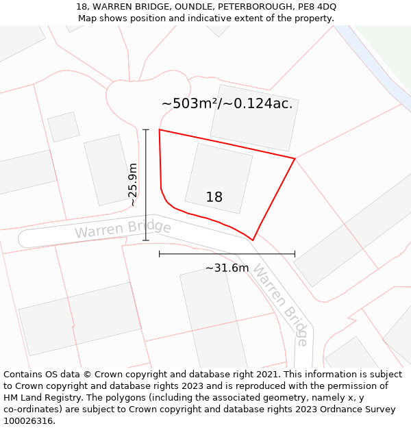 18, WARREN BRIDGE, OUNDLE, PETERBOROUGH, PE8 4DQ: Plot and title map