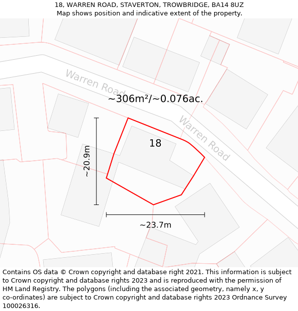 18, WARREN ROAD, STAVERTON, TROWBRIDGE, BA14 8UZ: Plot and title map