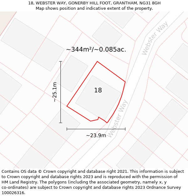 18, WEBSTER WAY, GONERBY HILL FOOT, GRANTHAM, NG31 8GH: Plot and title map