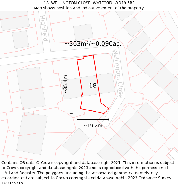 18, WELLINGTON CLOSE, WATFORD, WD19 5BF: Plot and title map
