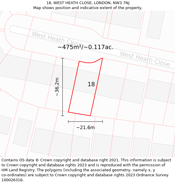 18, WEST HEATH CLOSE, LONDON, NW3 7NJ: Plot and title map