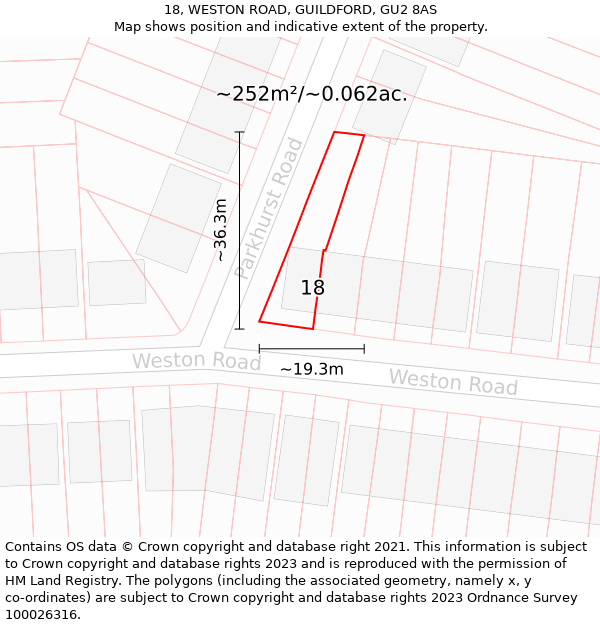 18, WESTON ROAD, GUILDFORD, GU2 8AS: Plot and title map