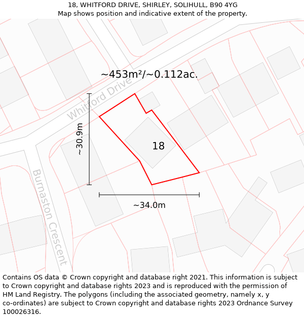 18, WHITFORD DRIVE, SHIRLEY, SOLIHULL, B90 4YG: Plot and title map