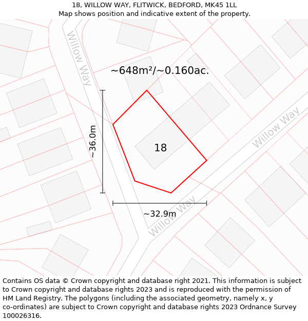 18, WILLOW WAY, FLITWICK, BEDFORD, MK45 1LL: Plot and title map