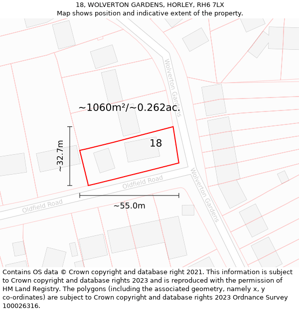 18, WOLVERTON GARDENS, HORLEY, RH6 7LX: Plot and title map