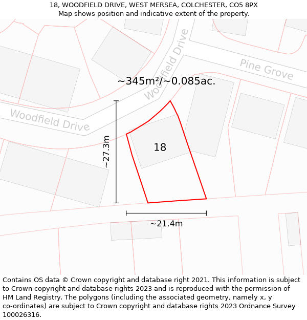 18, WOODFIELD DRIVE, WEST MERSEA, COLCHESTER, CO5 8PX: Plot and title map