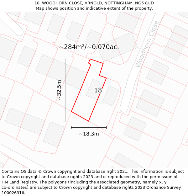 18, WOODHORN CLOSE, ARNOLD, NOTTINGHAM, NG5 8UD: Plot and title map