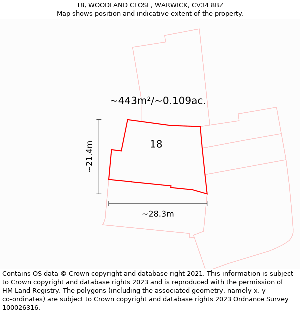 18, WOODLAND CLOSE, WARWICK, CV34 8BZ: Plot and title map