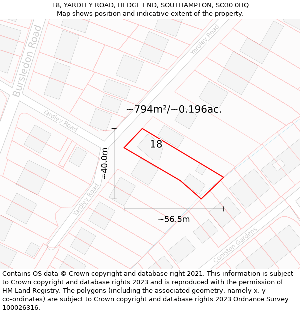 18, YARDLEY ROAD, HEDGE END, SOUTHAMPTON, SO30 0HQ: Plot and title map