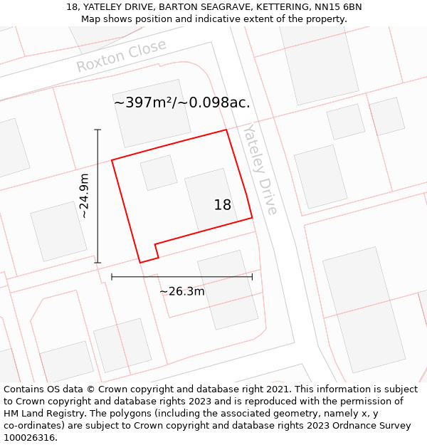 18, YATELEY DRIVE, BARTON SEAGRAVE, KETTERING, NN15 6BN: Plot and title map