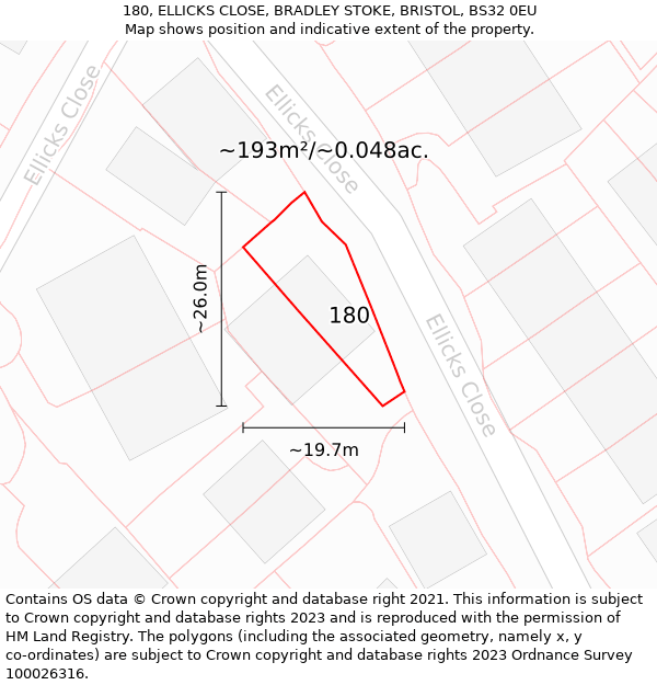 180, ELLICKS CLOSE, BRADLEY STOKE, BRISTOL, BS32 0EU: Plot and title map