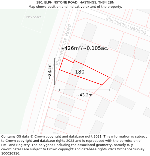 180, ELPHINSTONE ROAD, HASTINGS, TN34 2BN: Plot and title map