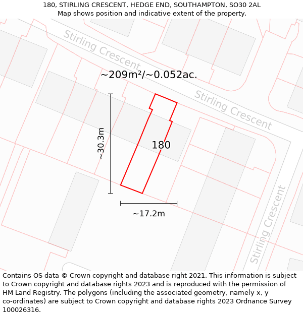 180, STIRLING CRESCENT, HEDGE END, SOUTHAMPTON, SO30 2AL: Plot and title map