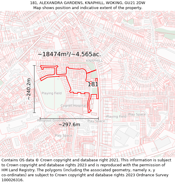 181, ALEXANDRA GARDENS, KNAPHILL, WOKING, GU21 2DW: Plot and title map