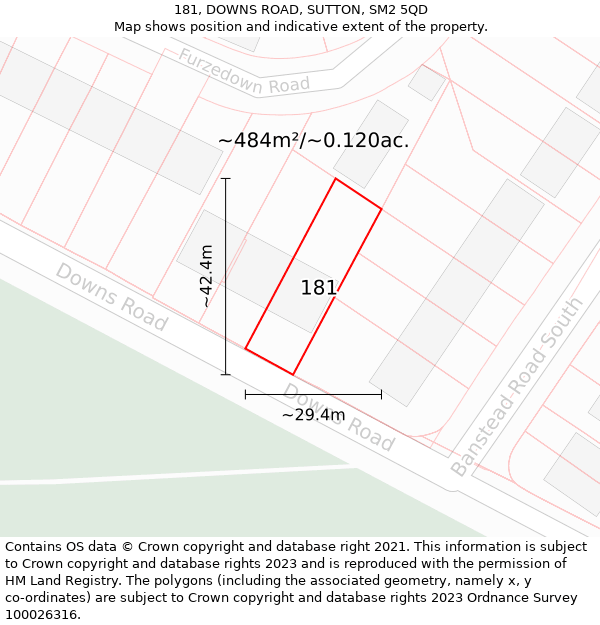 181, DOWNS ROAD, SUTTON, SM2 5QD: Plot and title map