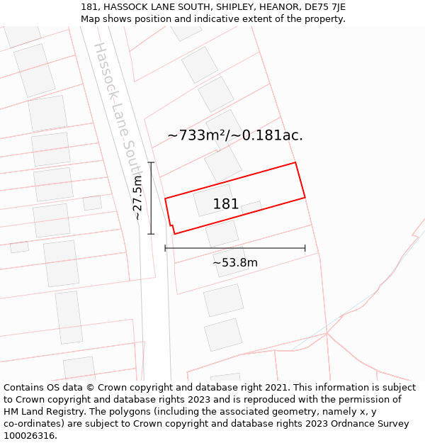 181, HASSOCK LANE SOUTH, SHIPLEY, HEANOR, DE75 7JE: Plot and title map