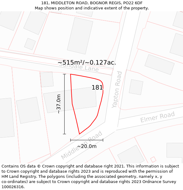 181, MIDDLETON ROAD, BOGNOR REGIS, PO22 6DF: Plot and title map