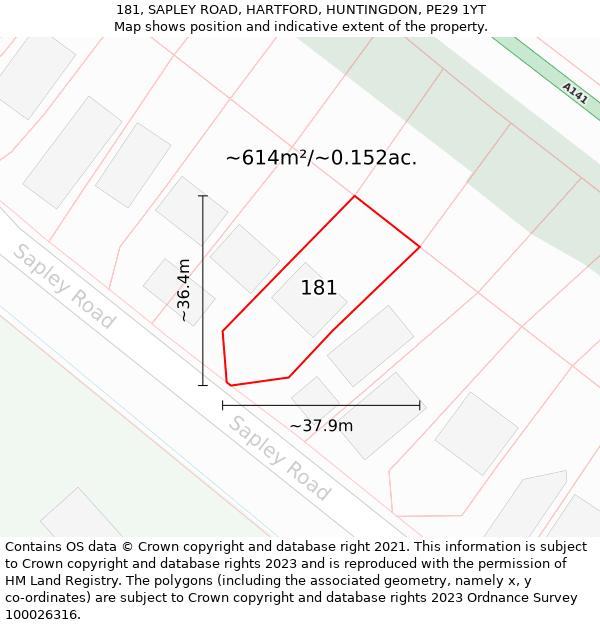 181, SAPLEY ROAD, HARTFORD, HUNTINGDON, PE29 1YT: Plot and title map