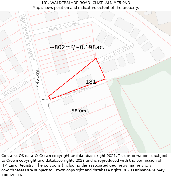 181, WALDERSLADE ROAD, CHATHAM, ME5 0ND: Plot and title map