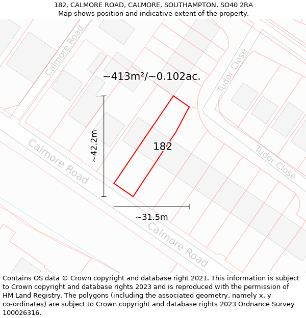 182, CALMORE ROAD, CALMORE, SOUTHAMPTON, SO40 2RA: Plot and title map